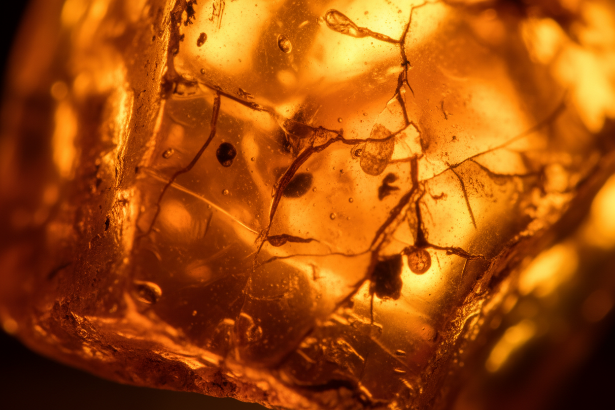 Macro shot of amber glowing under low warm light — texture visible, imperfections highlighted.