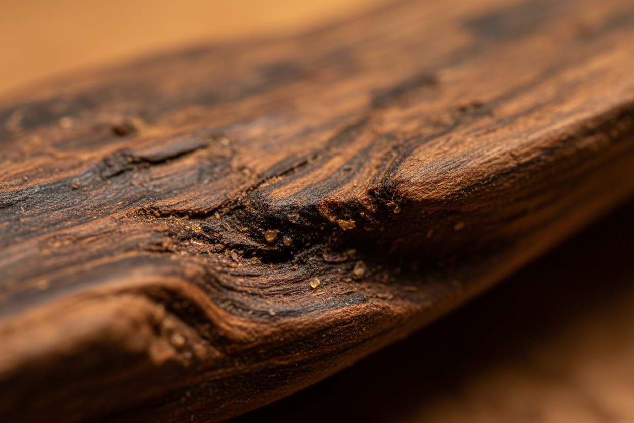 Macro shot of oud glowing under low warm light — texture visible, imperfections highlighted.