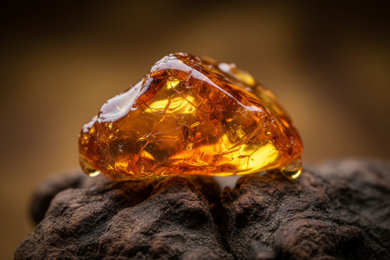 Macro shot of resin, amber, or oud glowing under low warm light — texture visible, imperfections highlighted.