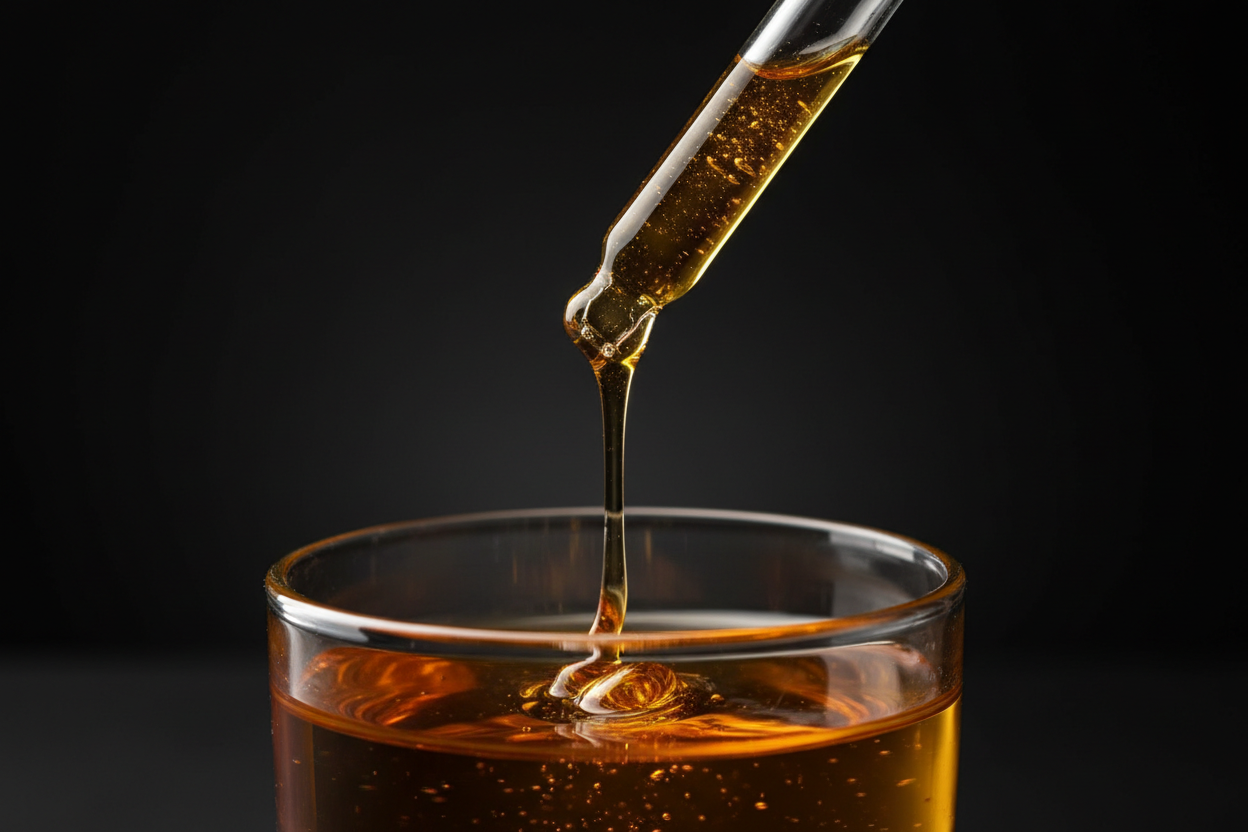 pipette pulling amber oil. dark background